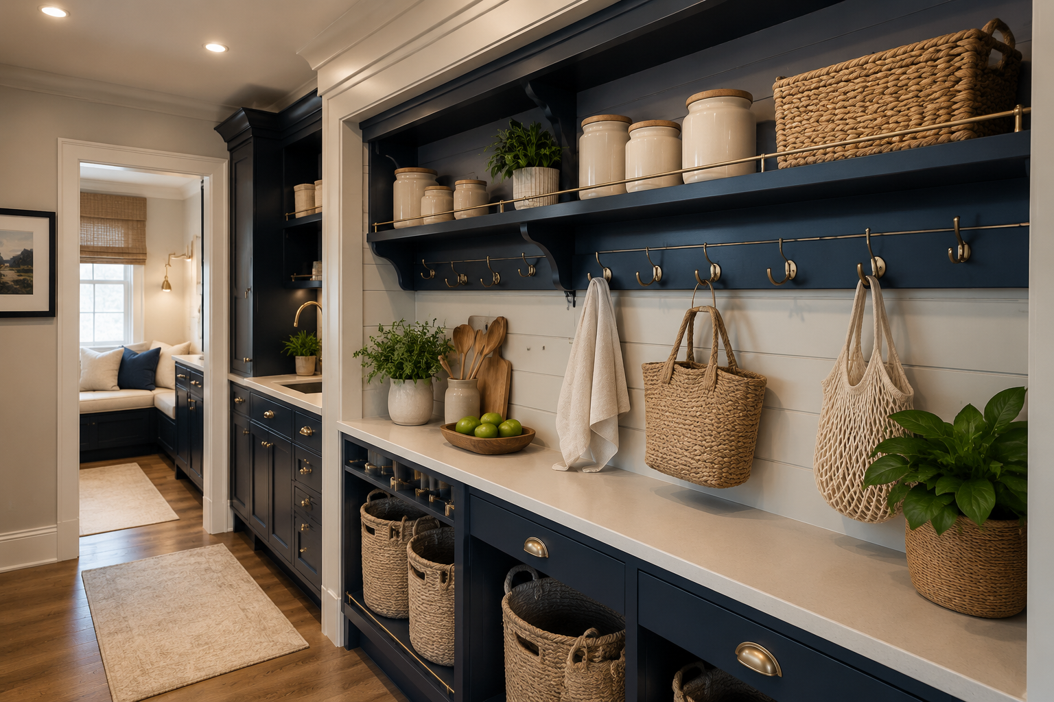 A compact galley-style kitchen with navy cabinetry and neatly stored homeware